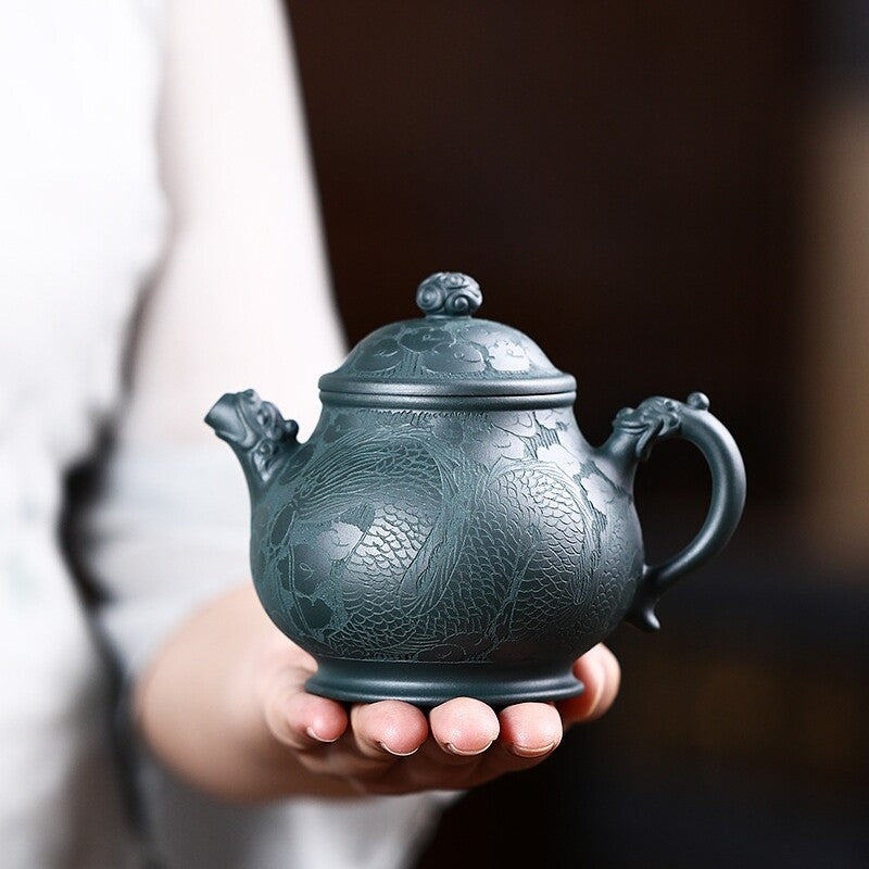 True Yixing Zisha Tea Pot Dragon Carved Tianqing Clay Master Pot Marked 320ml