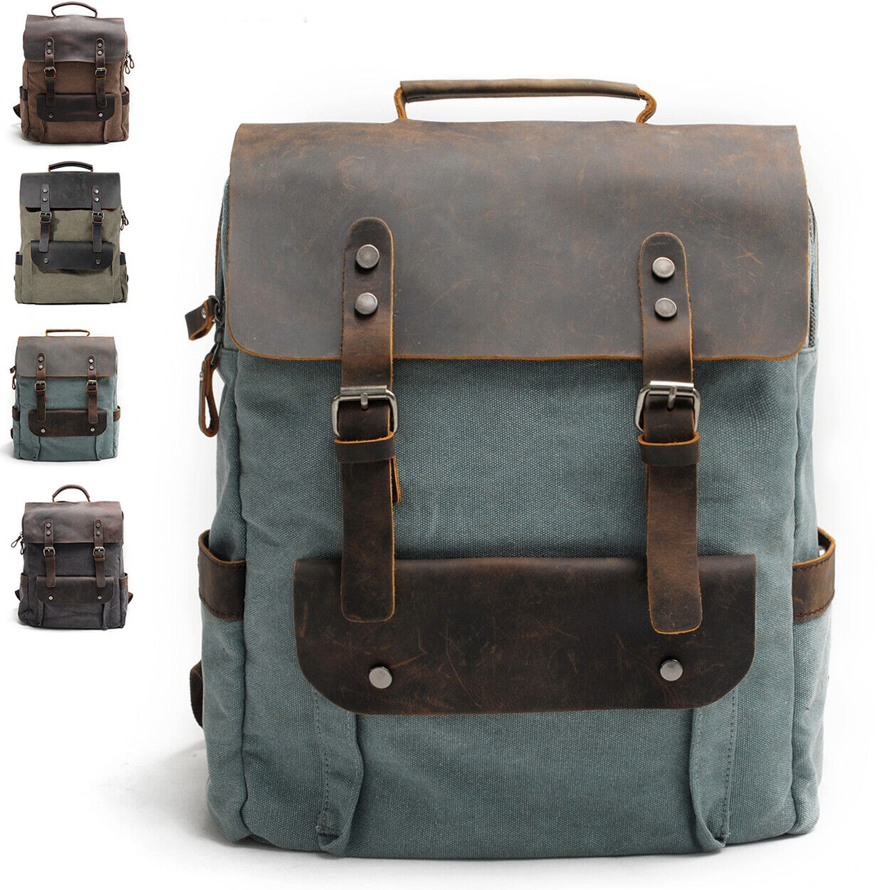 Vintage Real Leather Durable Canvas Backpack Rucksack Satchel 15" Laptop Bag
