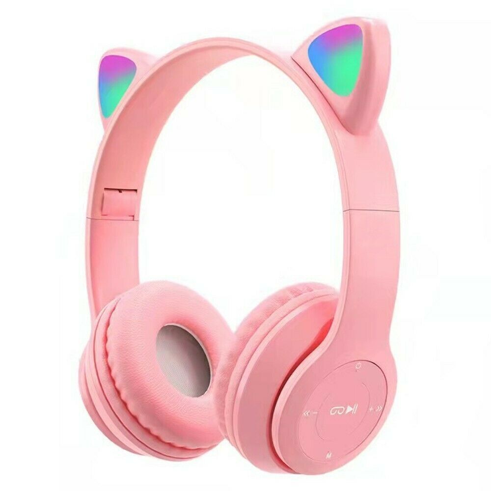 Wireless Bluetooth 5.0 Headset Cat Rabbit Ear LED Headphone w/Mic For Kids Girls