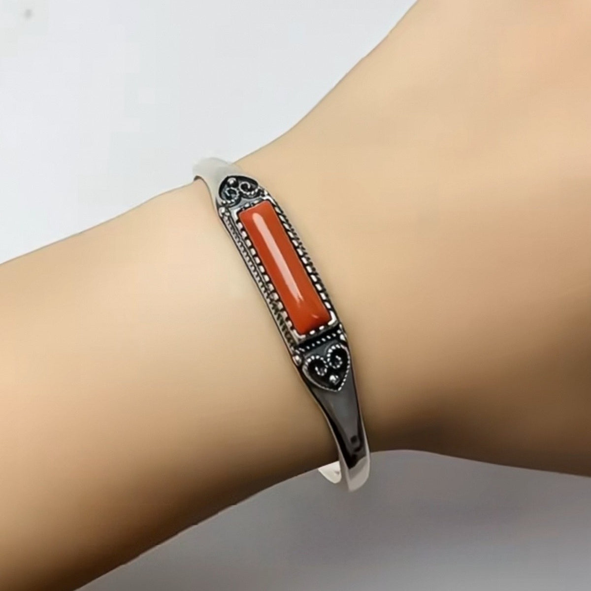 Mongolian Bracelet Adjustable Ethnic Silver Bangle Carved Red Inlay Jewelry