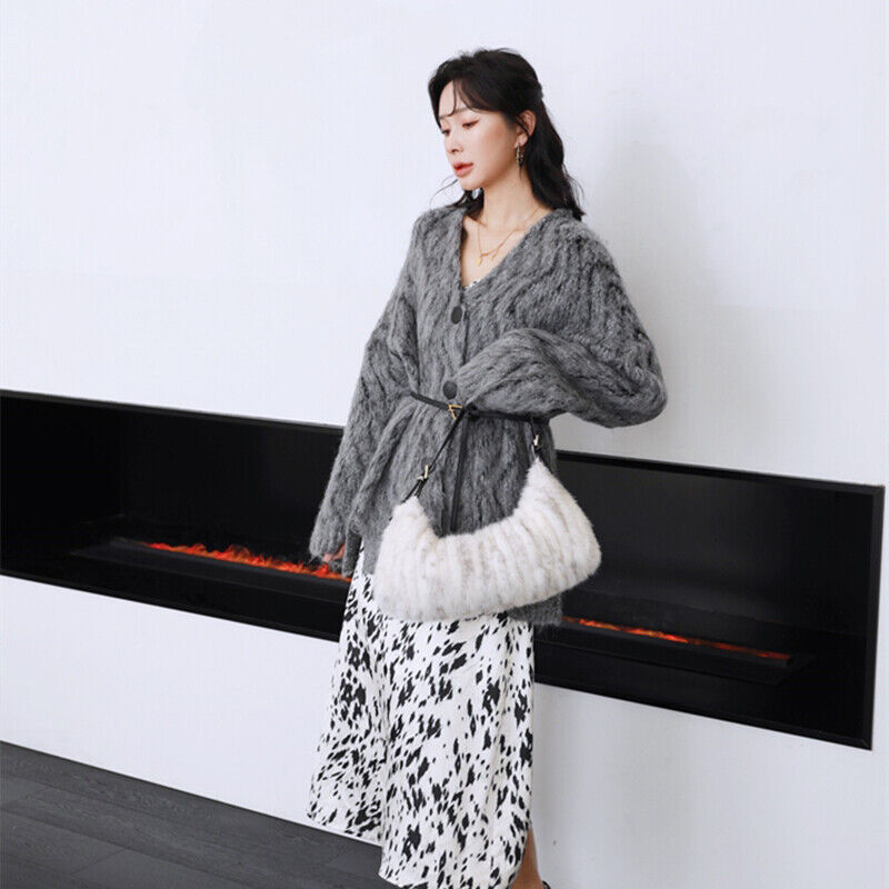 Winter Womens Real Mink Fur Shoulder Bag Luxury Genuine Cowhide Strap Handbag