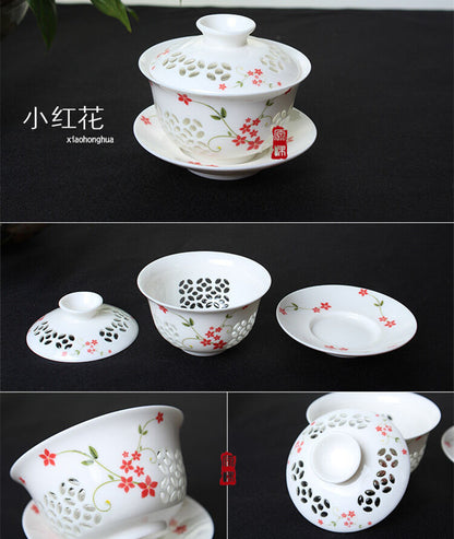 Gaiwan Tea set porcelain gaiwan floral print tureen hollow-out design cup bowl