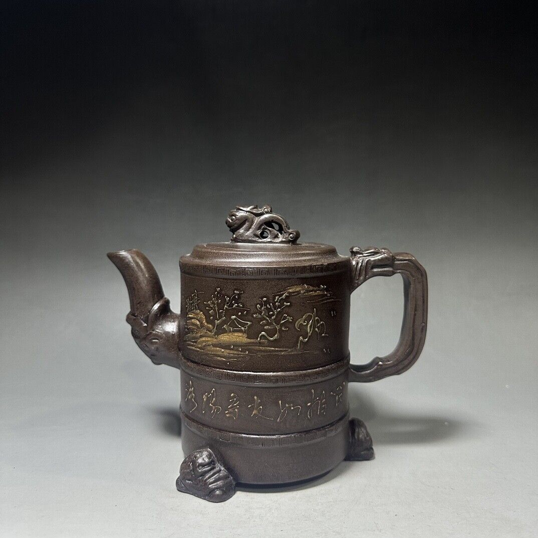 vintage chinese yixing purple clay teapot zisha ceremony carving Collectible art