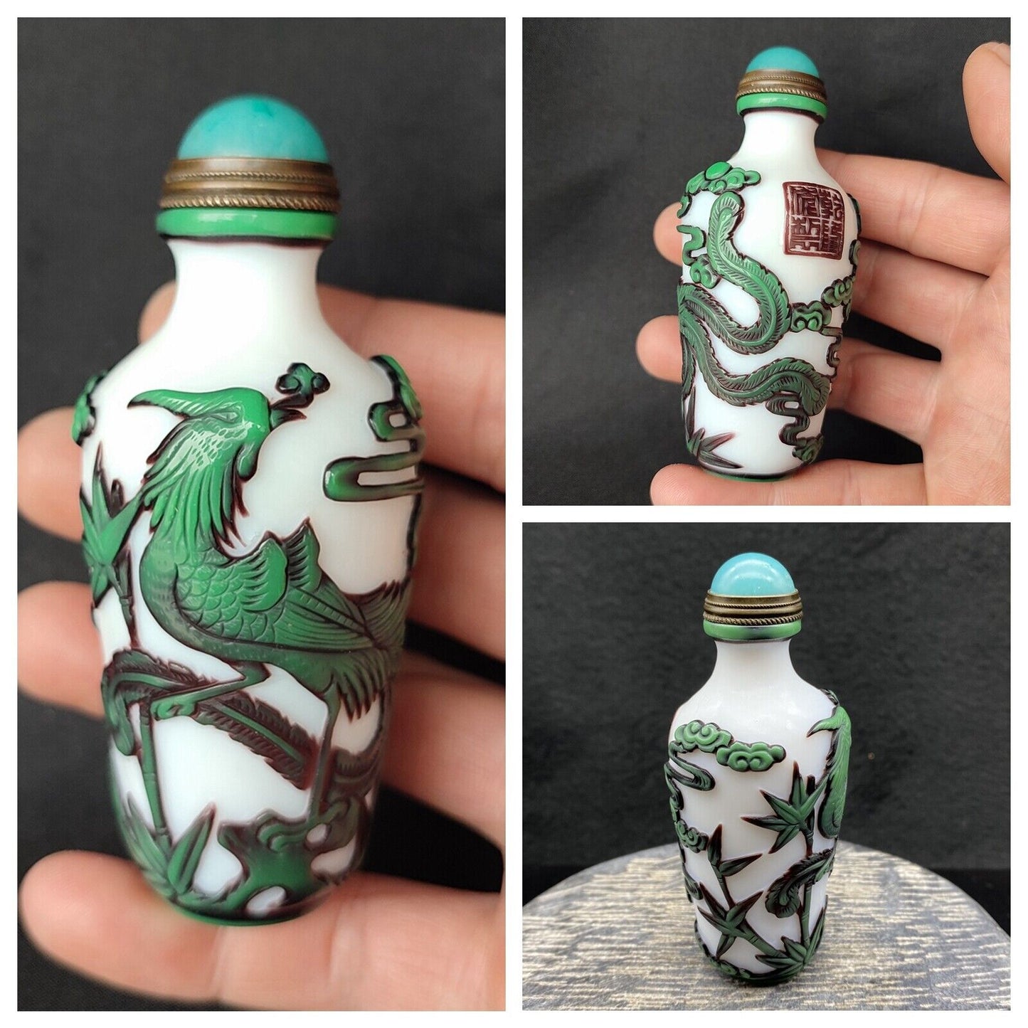 Fine Peking Chinese Snuff Bottle Glass Statues Carved Phoenix Sculpture Snuffbox