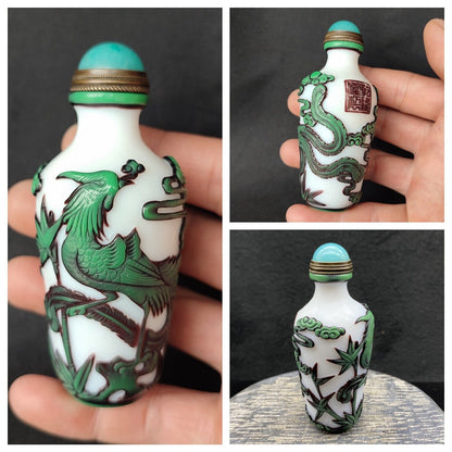 Fine Peking Chinese Snuff Bottle Glass Statues Carved Phoenix Sculpture Snuffbox