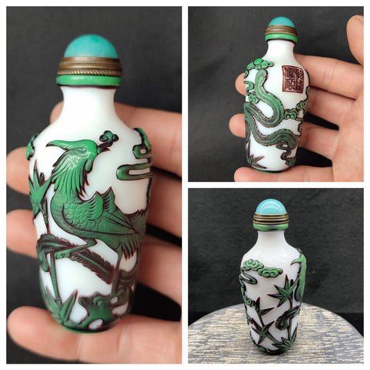 Fine Peking Chinese Snuff Bottle Glass Statues Carved Phoenix Sculpture Snuffbox