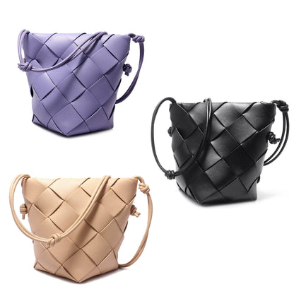 Woven Real Leather Bucket Basket Shoulder Bag Clutch Purse Tote Crossbody Women