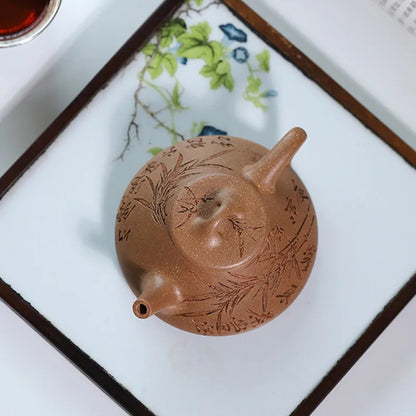 Chinese Yixing Purple Clay Handmade Triangular Shape Tea Pot Hand-carved