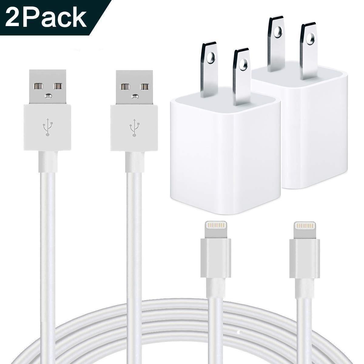 2 Pack Generic USB Wall Chargers with Cables for iPhone 5, 5s, 6, 6s, 7, 8