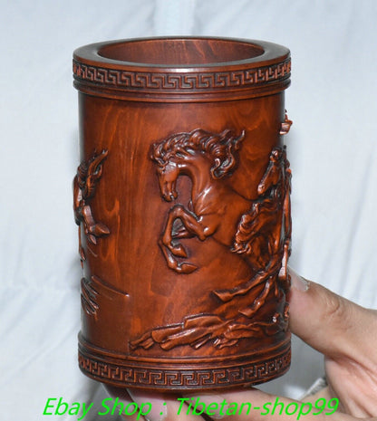 4.3''Old Chinese Boxwood Carving Horse Pot Pencil Holder Statue Sculpture