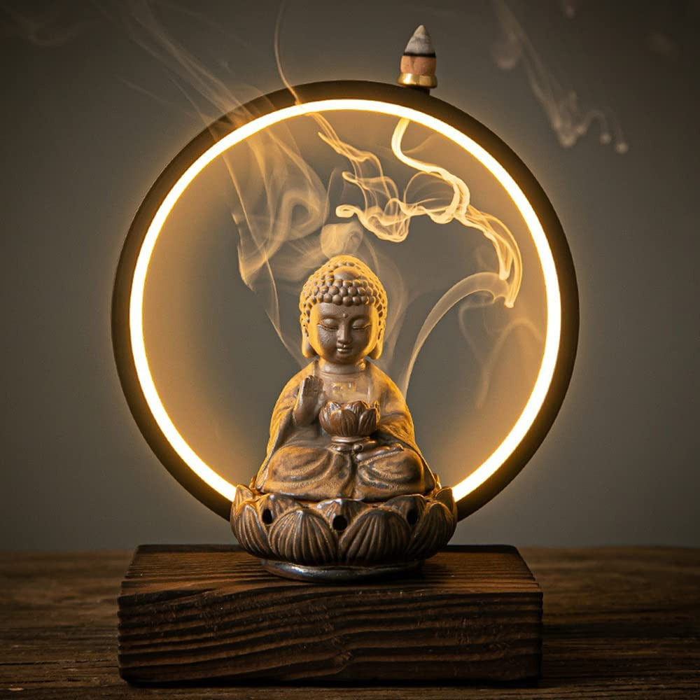 Ceramic Buddha Incense Burner with LED Light Home Office Decoration Gift Mystic
