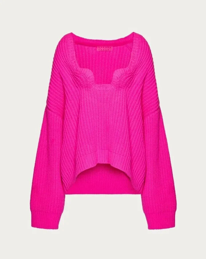 Ribbed Rose Red Sweater Women Deep Square Neck Knittedb Pullover Tops Jumper