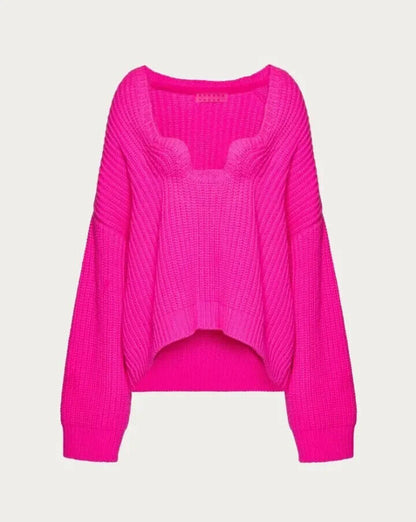 Ribbed Rose Red Sweater Women Deep Square Neck Knittedb Pullover Tops Jumper