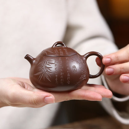 Handmade Tea Pot Hand Carved Real Yixing Zisha Qinquan Pot Chinese Kungfu Teapot
