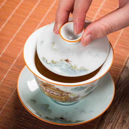 175ml Chinese Handpainted Porcelain Gaiwan Tureen Covered Bowl Coaster Tea Set