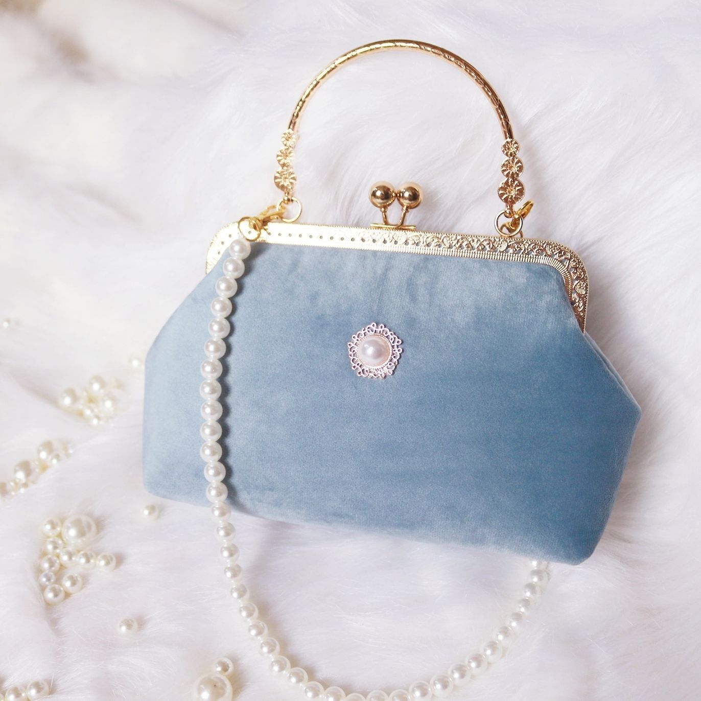 Beads Chain Bag 2 Straps Vintage Metal Shell Purse Velvet Shoulder Bag 20*14*6CM