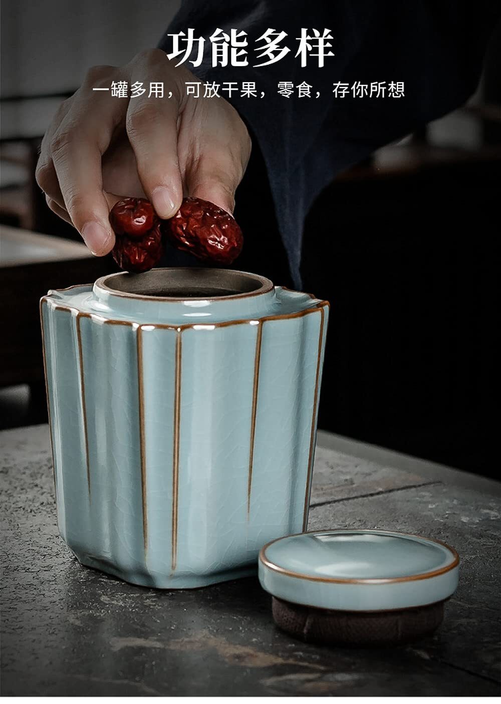 11.6cm Chinese Ru Kiln Tea Caddy Ceramic Storage Tank Tea Jar Decor Ornaments