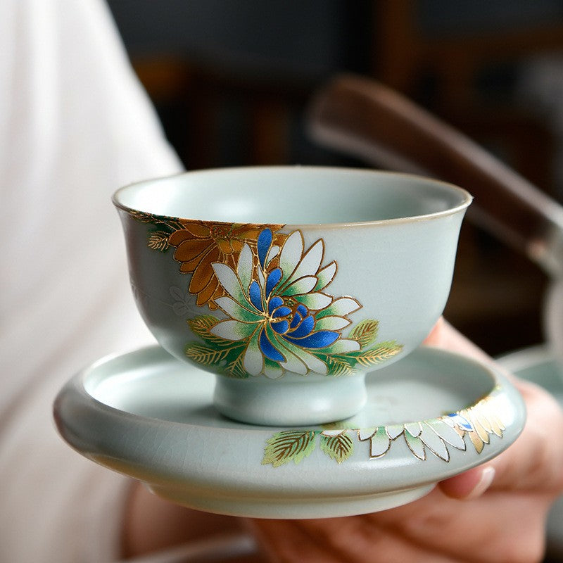 Ruyao Craft Porcelain Gaiwan Matching Tea Cup Pot Floral Pattern Pitcher Tureen