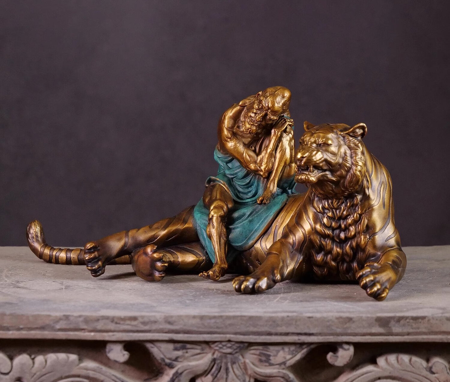 Brass Tiger Subduing Arhat Statue Artwork Zen Collection Home Decor Ornament