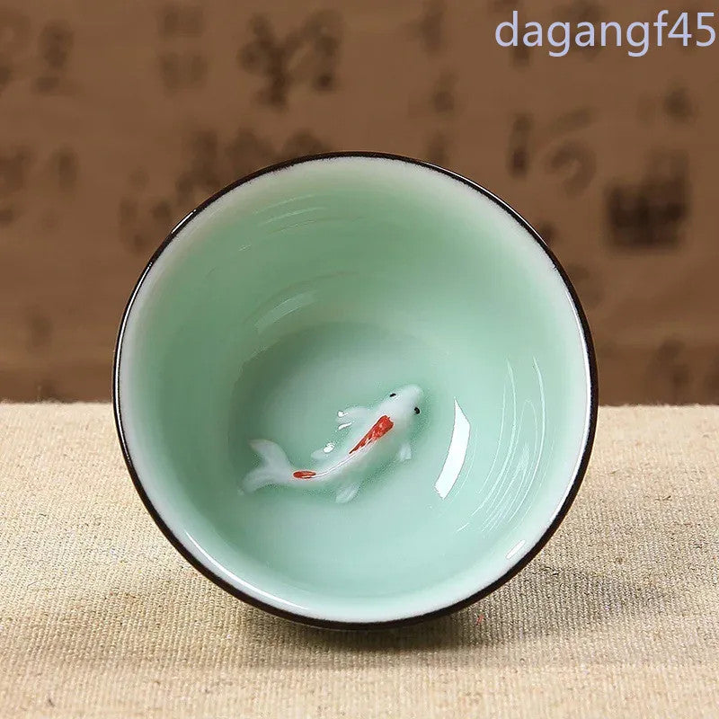 40ml Ceramic Chinese Kungfu Tea Cup Handmade Embossed Carp Tasting Cup Tea Set