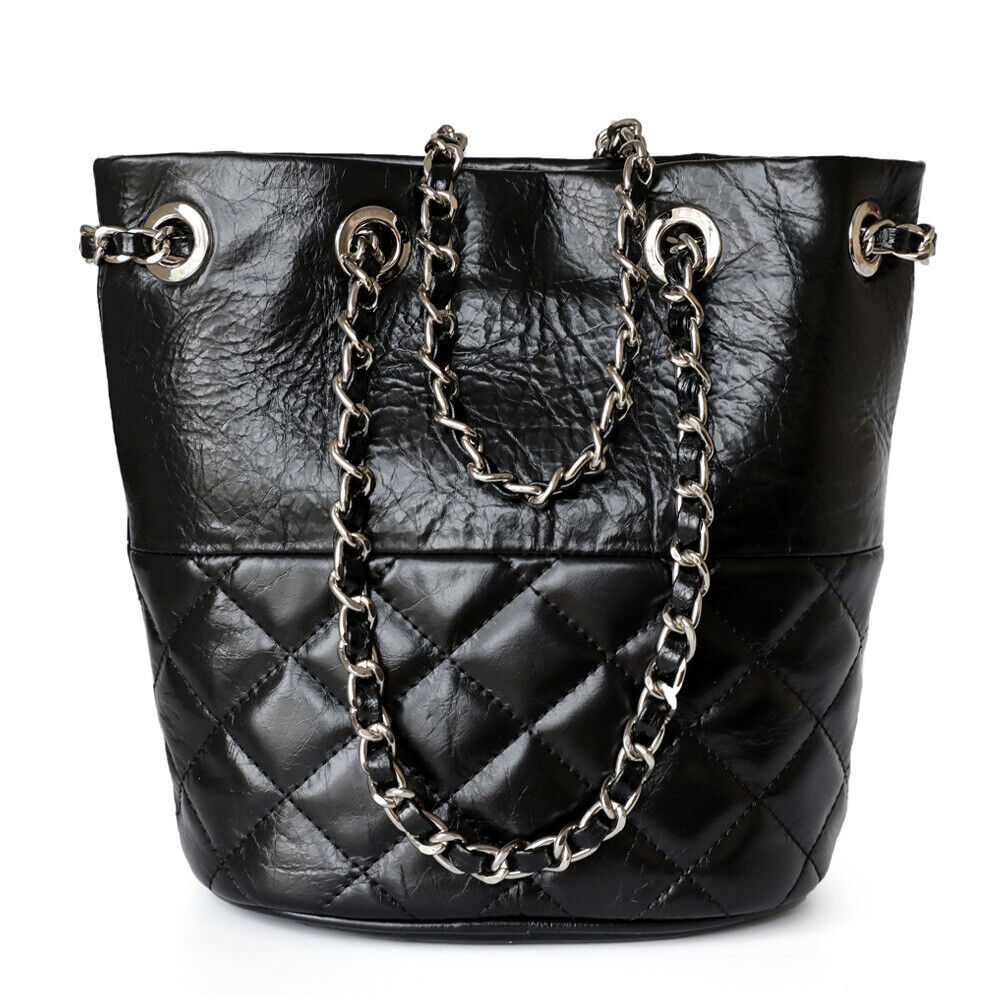 Small Mini Quilted Real Leather Bucket Tote Shoulder Bag Purse Clutch w/ Chain
