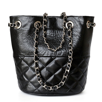 Small Mini Quilted Real Leather Bucket Tote Shoulder Bag Purse Clutch w/ Chain