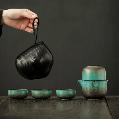 Green Ceramic Teapot with 4 Cups Portable Travel Tea Set with Case