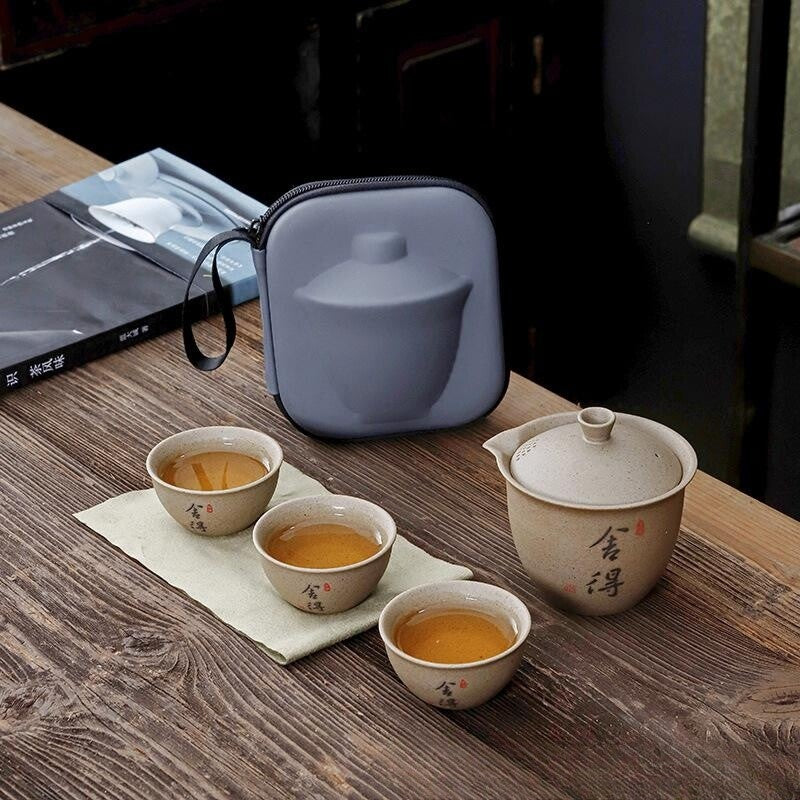 Travelling Tea Set One Pot 3 Matching Cup Portable Bag Crude Pottery Tea Set New