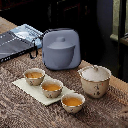Travelling Tea Set One Pot 3 Matching Cup Portable Bag Crude Pottery Tea Set New