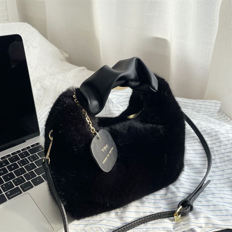 Soft Faux Fur Bag Synthetic Leather Handle Pleated Warm Plush Bags Crossbody 1PC