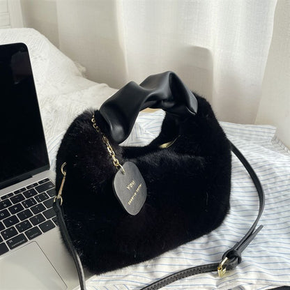 Soft Faux Fur Bag Synthetic Leather Handle Pleated Warm Plush Bags Crossbody 1PC