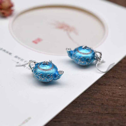 Thai Silver Ethnic Style Enamel Teapot Plum Earrings for Women Exquisite Chinese