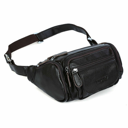 Coffee Men Real Cow Leather Small Belt Bum Bag Waist Fanny Pack Sport Backpack