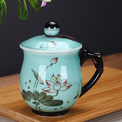 porcelain office cup 400ml handpainted craft lognquan celadon teacup with handle