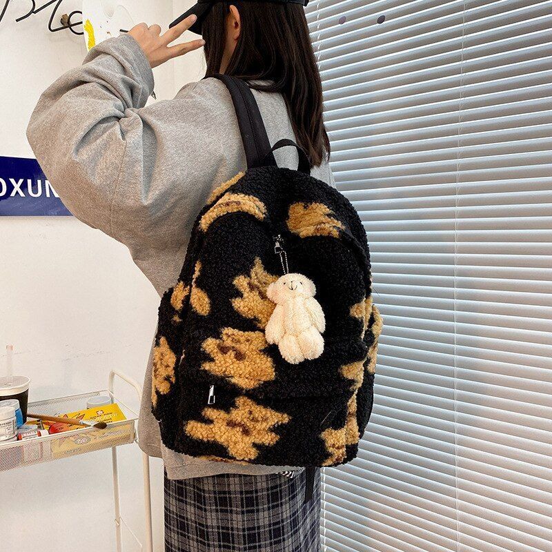 Backpack Women School Bag Bears Print Cute Backpack Polyester Zipper Soft Handle