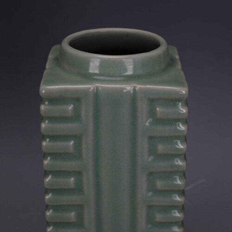 Chinese Song Longquan Kiln Celadon Glaze Porcelain Square Shape Vase Decor 9.37"