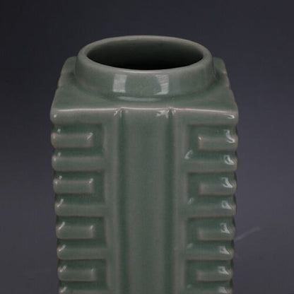 Chinese Song Longquan Kiln Celadon Glaze Porcelain Square Shape Vase Decor 9.37"