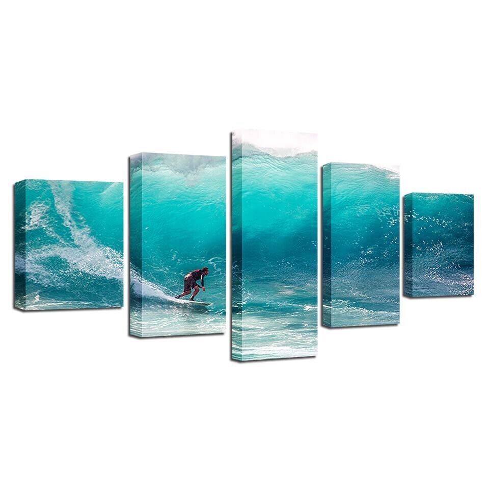 Man Surfing Blue Ocean Sea Waves Canvas Prints Painting Wall Art Home Decor 5PCS