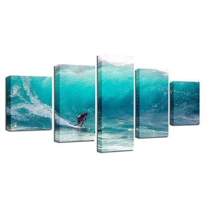 Man Surfing Blue Ocean Sea Waves Canvas Prints Painting Wall Art Home Decor 5PCS