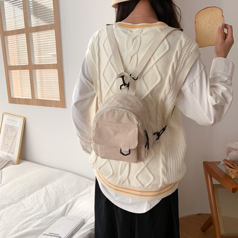 Women Mini Backpack Corduroy Small Student Bookbags Traveling Backpack 23*9*19CM