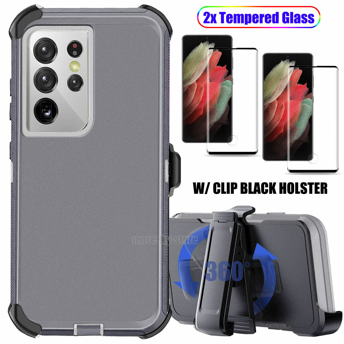 For Samsung Galaxy S21 Plus/Ultra 5G Hard Belt Clip Case Cover Tempered Glass