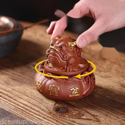 9.3cm Purple Clay Rotating Golden Toad Treasure Basin Tea Pet Handmade Statue