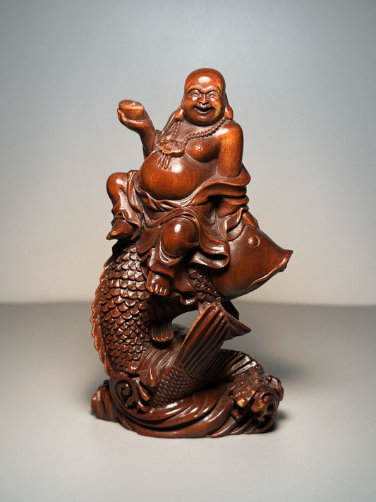 Chinese Boxwood Carving Sit Fish Laughing Buddha Statue Decor Wooden Sculpture