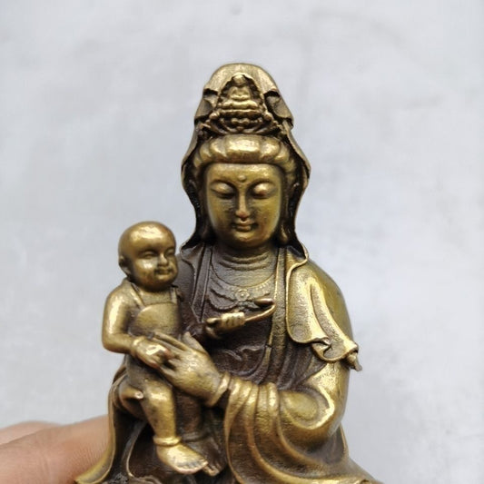 8" Collect Buddhism Brass Kid Lotus GuanYin Kwan-yin Goddess Buddha Bead Statue
