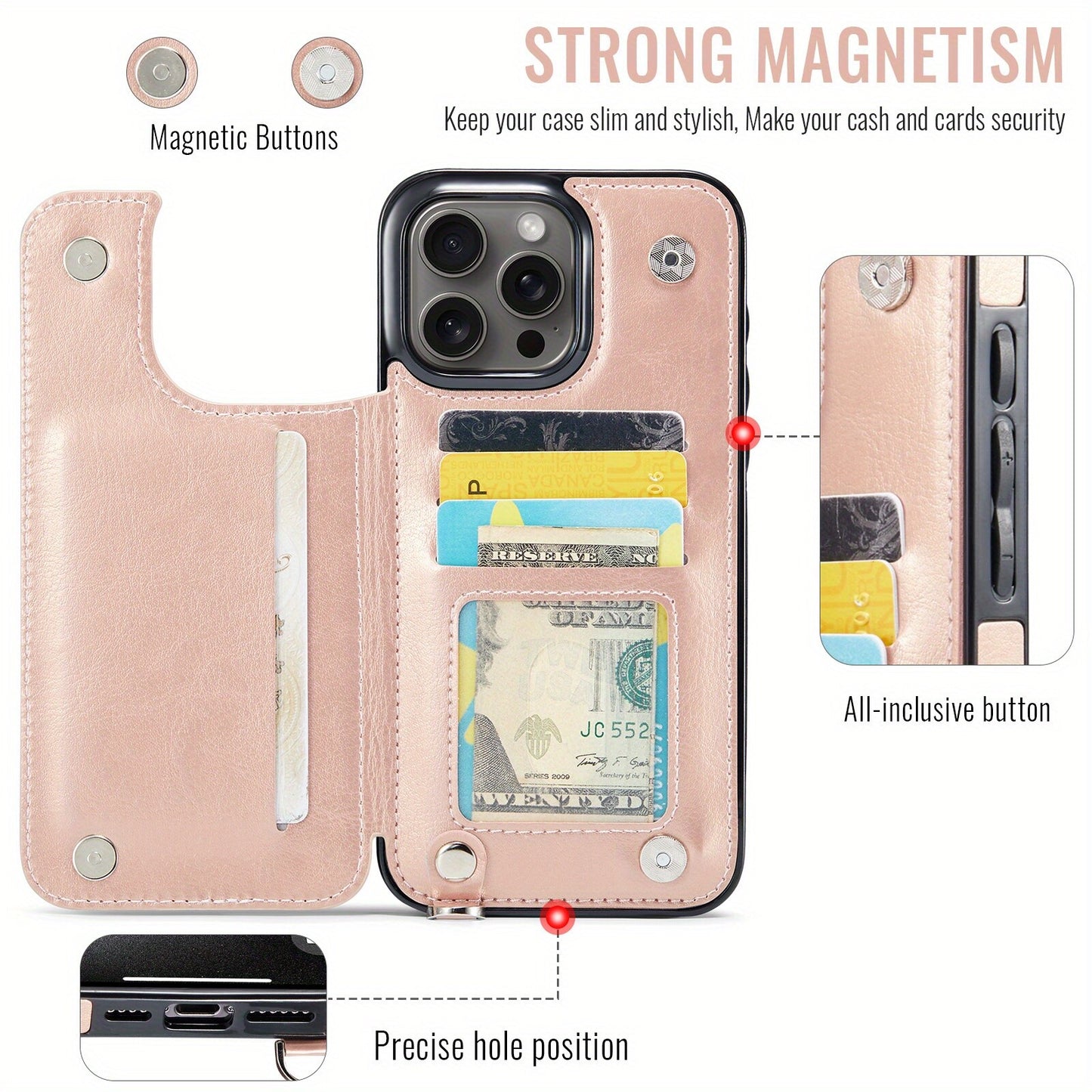 For iPhone 16/15/14/13/12/11 Pro Max Wallet Case with Card Holder Wrist Strap