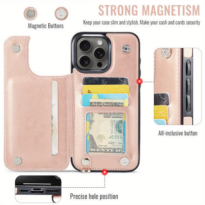 For iPhone 16/15/14/13/12/11 Pro Max Wallet Case with Card Holder Wrist Strap