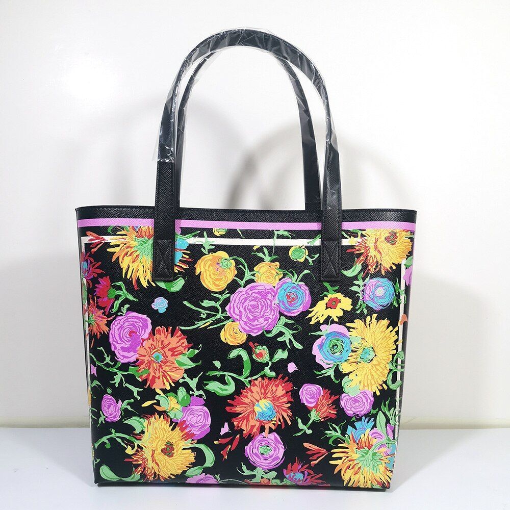 Floral Traveling Shoulder Bag Textured Leather Shopper Large Bag Women Handbags