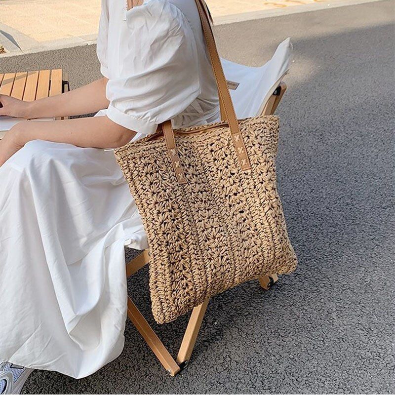 Straw Beach Shoulder Bags Summer Vacation Handbags Hand-Woven Tote Beige/Khaki