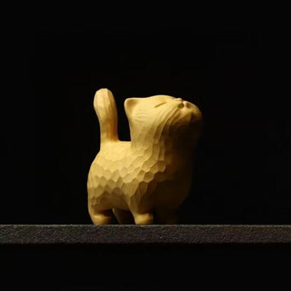 Chinese Boxwood Wood Hand Crafts Carved Cat Statue Netsuke Fengshui