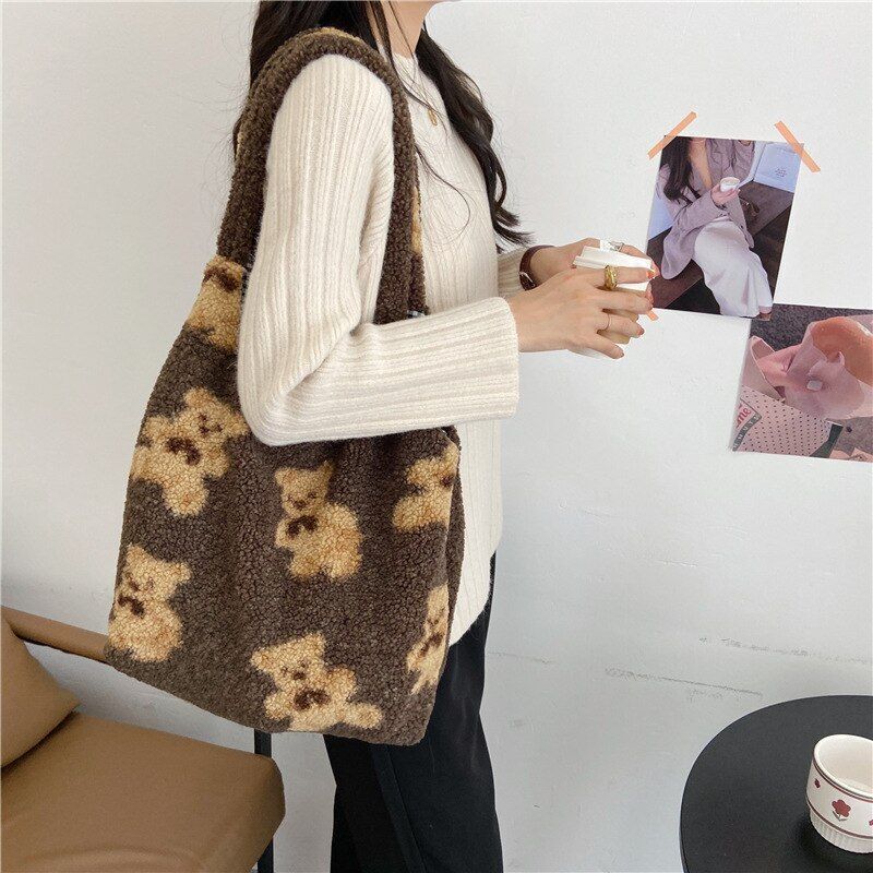 Women Soft Plush Tote Simple Warm Cloth Shopper Bags Handbag Shoulder Bag Purses